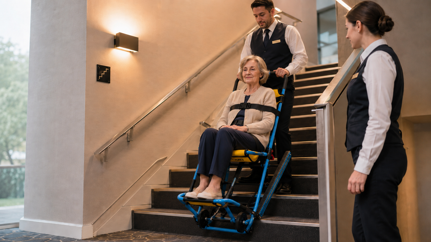 Obsługa hotelowa pomaga ewakuować starszą panią na krześle ewakuacyjnym