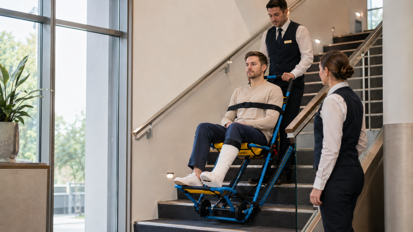 Ewakuacja młodego chłopaka ze złamaną nogą na krześle ewakuacyjnym